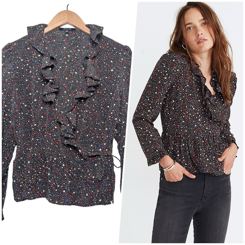 Madewell | Women | 100% Silk Starry Night Waterfall Ruffle Wrap Top | XL